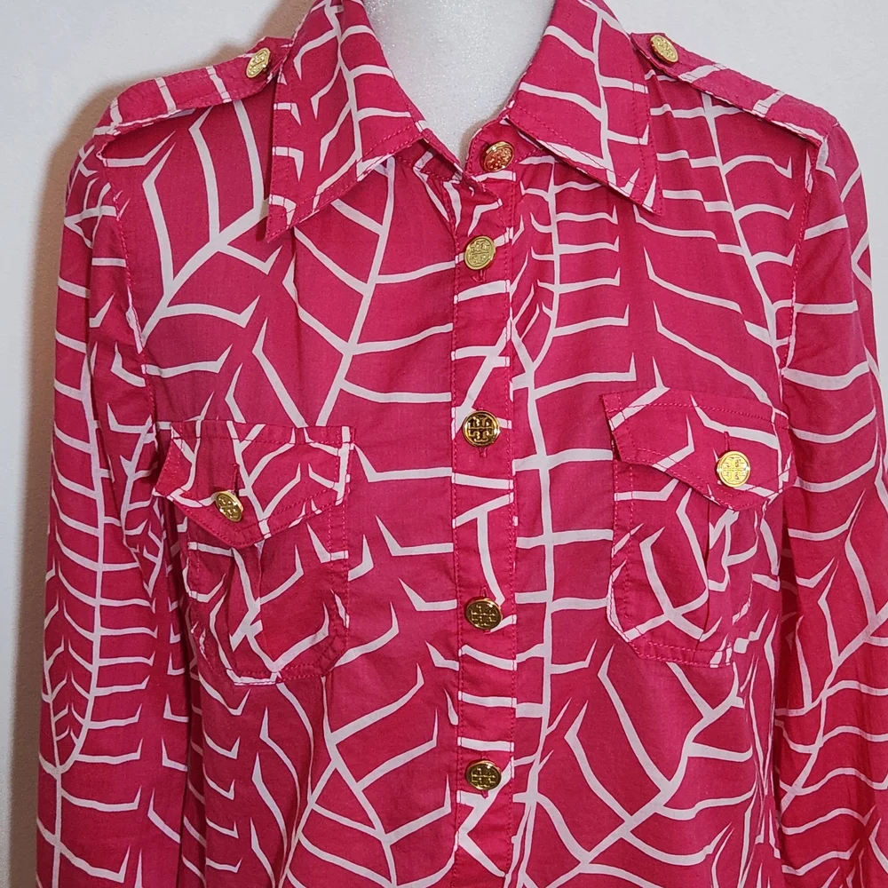 Tory Burch Pink and White Half Button-Up Shirt Size 6 Colorful Tory Burch Shirt